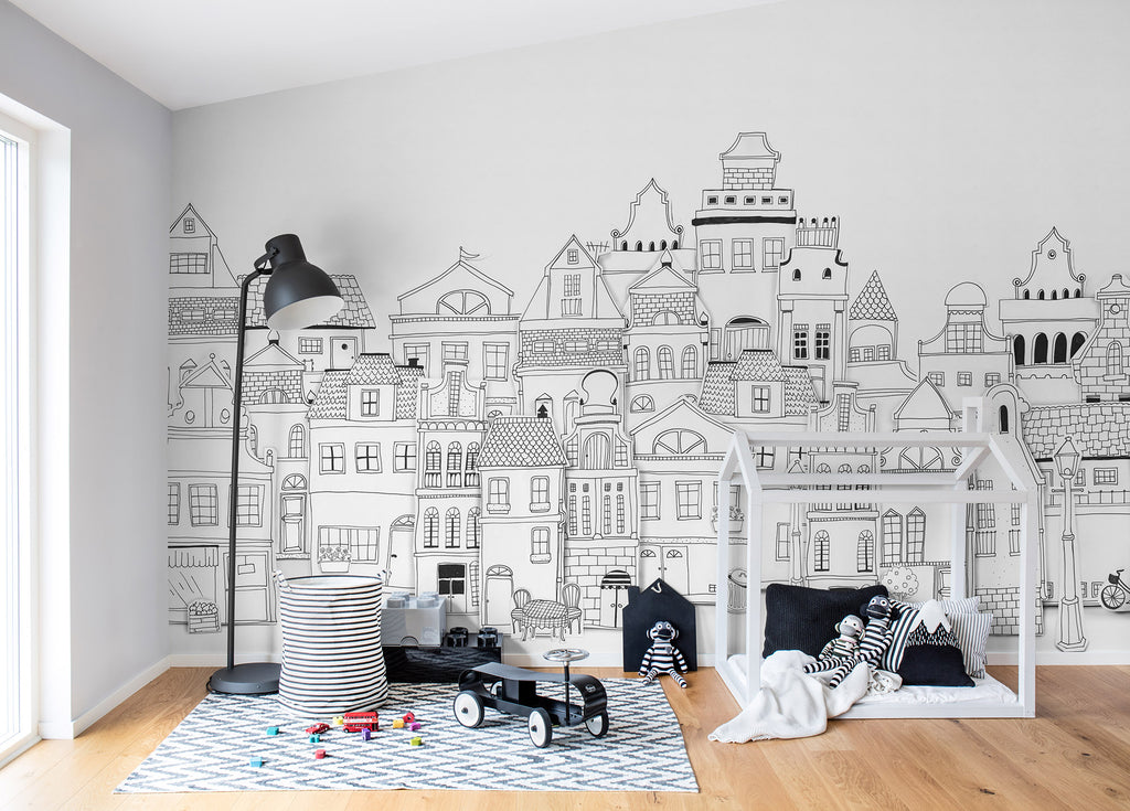 London Houses - Black & White - Wallpaper Trader
