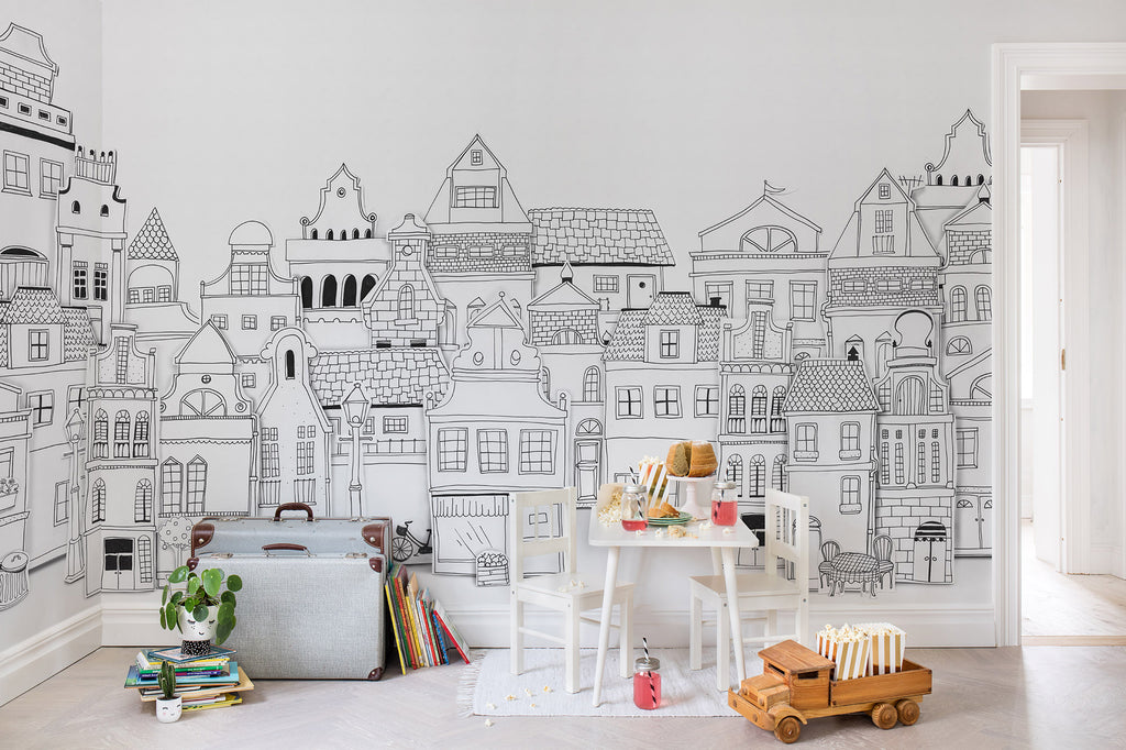London Houses - Black & White - Wallpaper Trader