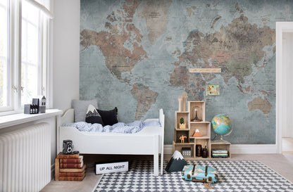 Around the World - Ocean Blue & Brown - Wallpaper Trader