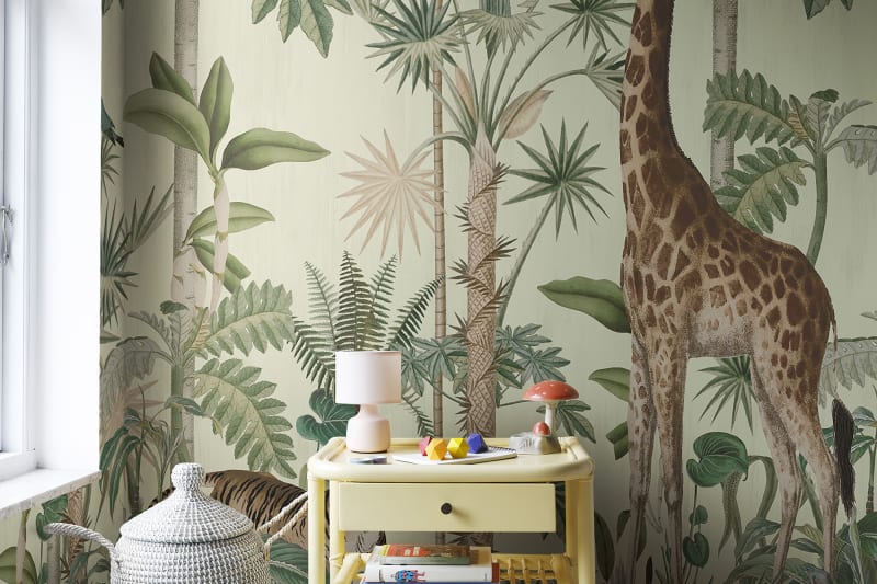 Giraffe's Stroll - Green on Cream - Wallpaper Trader
