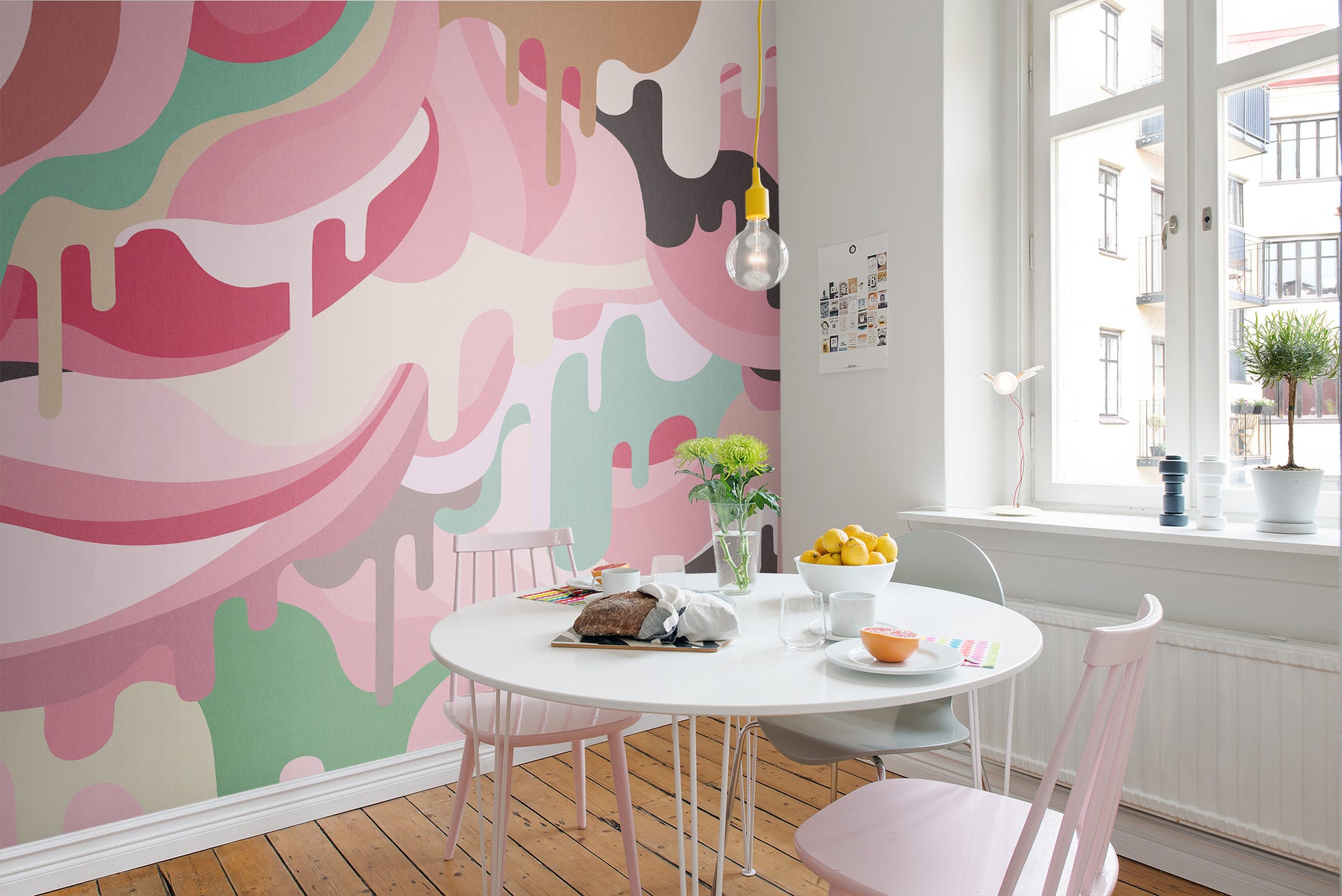 Dripping Rainbow - Pink, White & multi - Wallpaper Trader