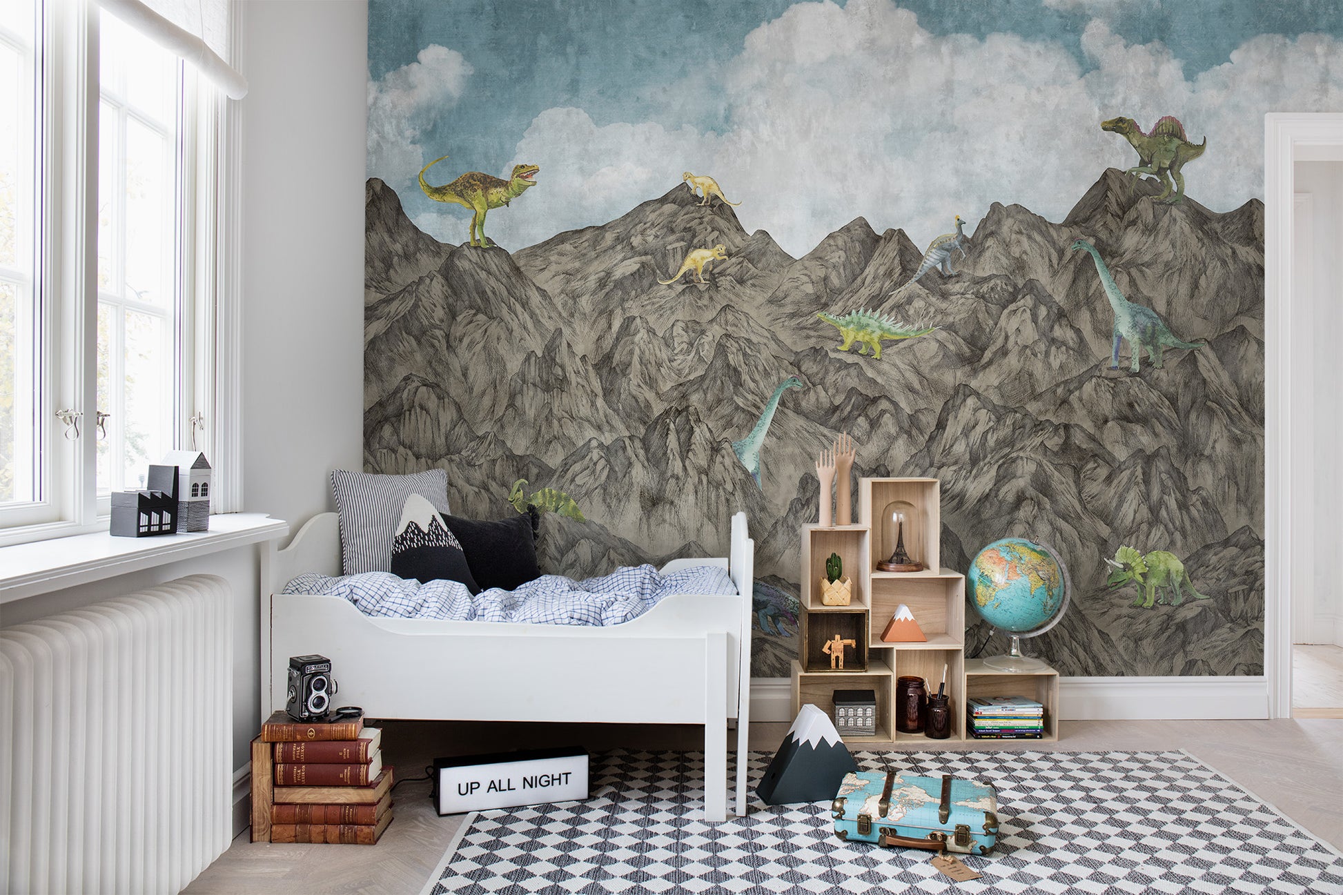 Dinosaur Mountain Day - Sky Blue and Soya Bean - Wallpaper Trader