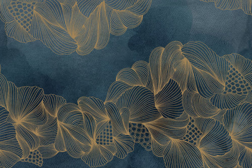 Opulence wall mural by Wallpaper Trader, gold line-art blooms on a navy watercolour ground, close-up detail