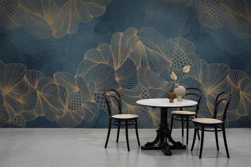 Opulence wall mural by Wallpaper Trader in navy and gold styled in a cafe setting with a marble bistro table and bentwood