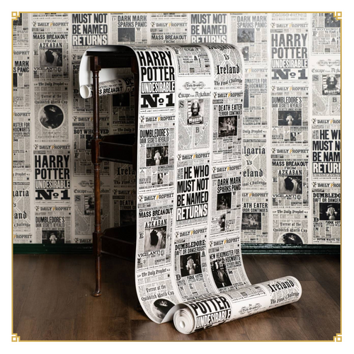 Daily Prophet wall mural by Harry Potter shown as a roll standing on end, black-and-white wizarding newspaper front pages