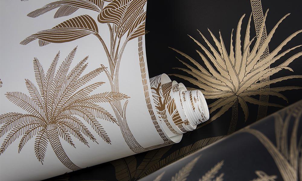 Royal Palms - Gold on White - Wallpaper Trader