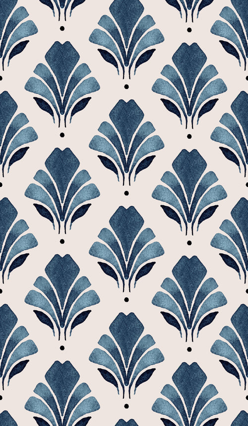 Fanciful Blue wallpaper by Cass Deller, art deco fan motifs in navy and steel blue on a cream ground, flat swatch