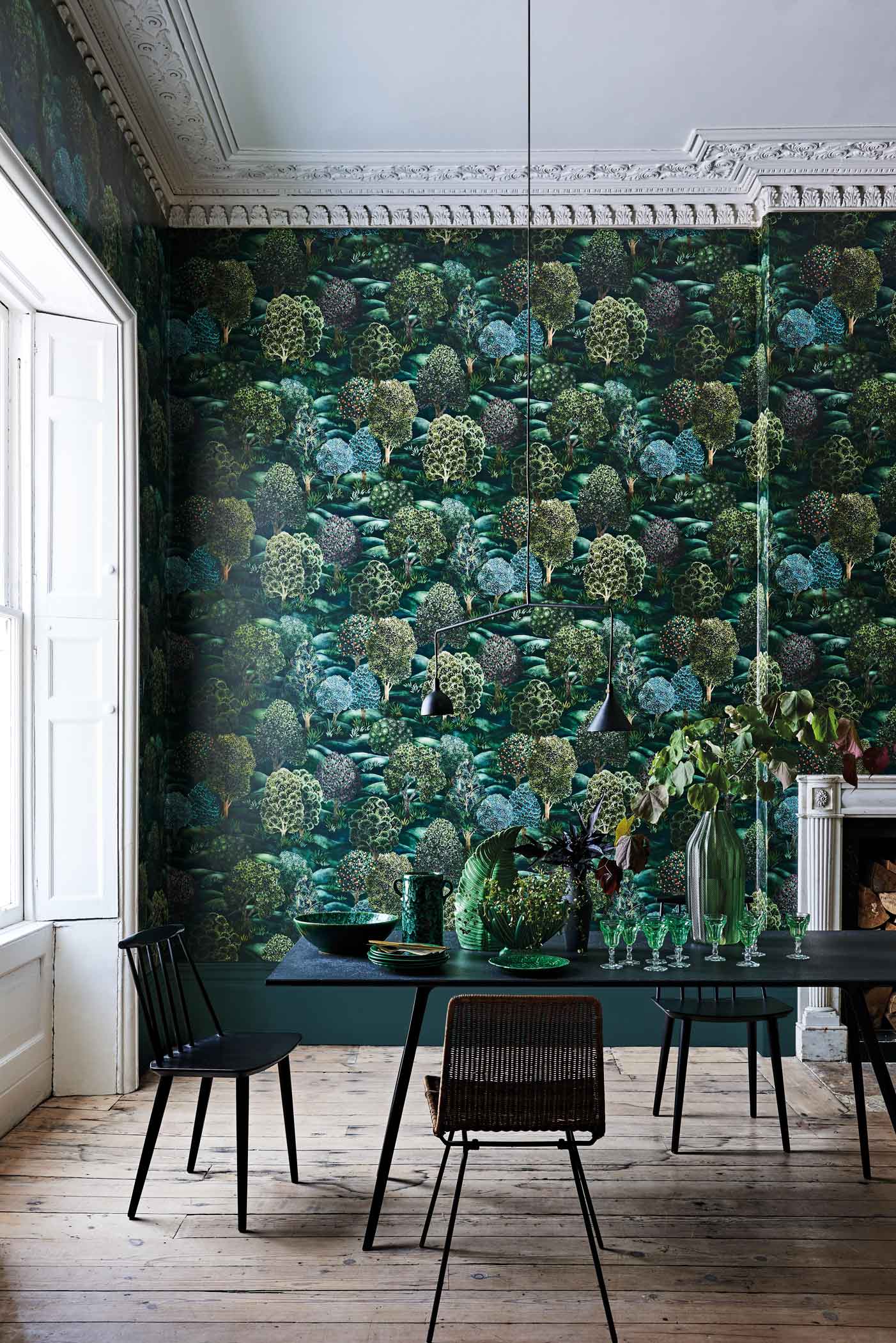 Silvan Forest - Leaf Green & Pigeon Blue - Wallpaper Trader