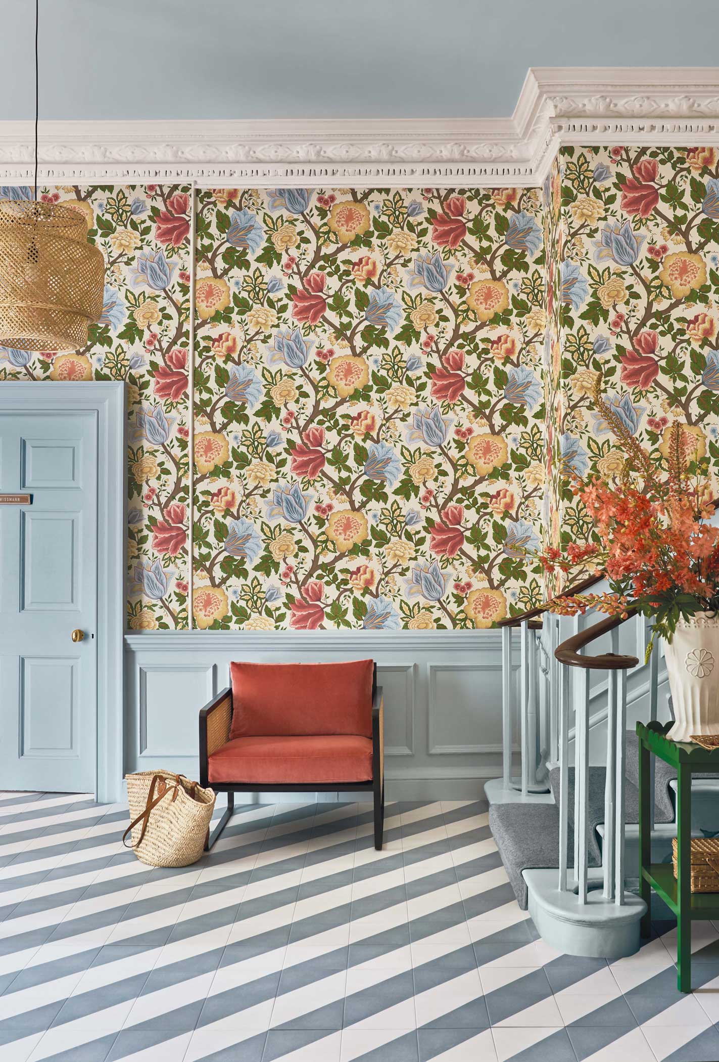 Midsummer Bloom- Rouge & Leaf Green on Parchment - Wallpaper Trader