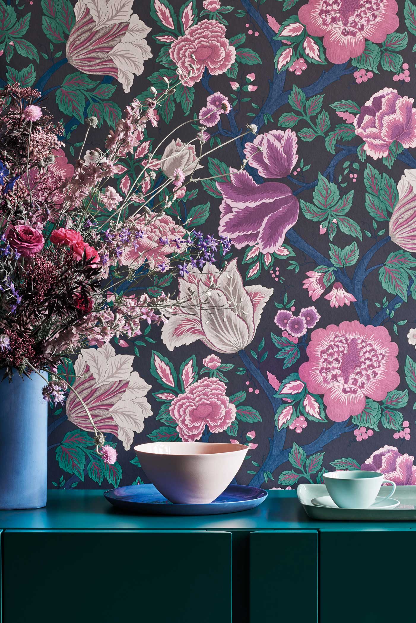 Midsummer Bloom-  Purple & Teal on Ink - Wallpaper Trader