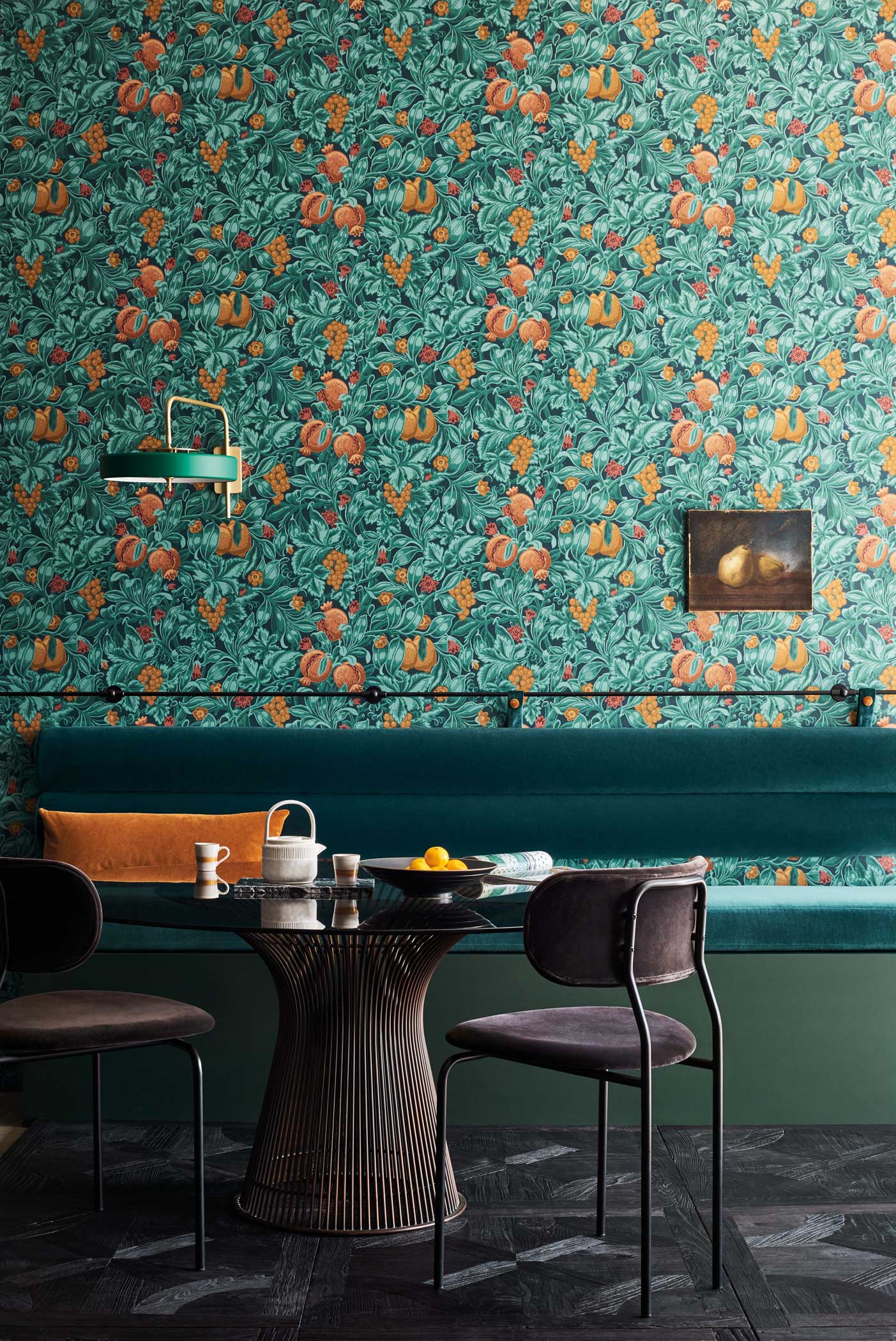 Vines of Pomona- Burnt Orange & Teal on Petrol - Wallpaper Trader