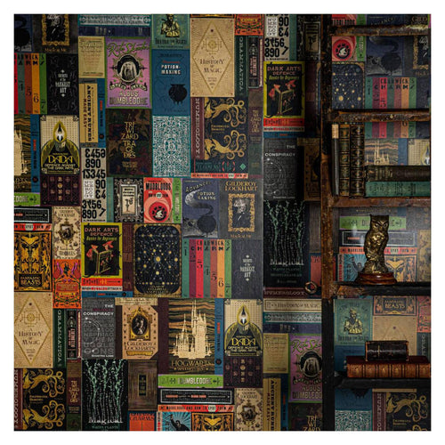 Harry Potter Hogwarts Library Bookshelf wall mural by Harry Potter, a collage of vintage spell-book covers in jewel tones with an owl figurine on a shelf