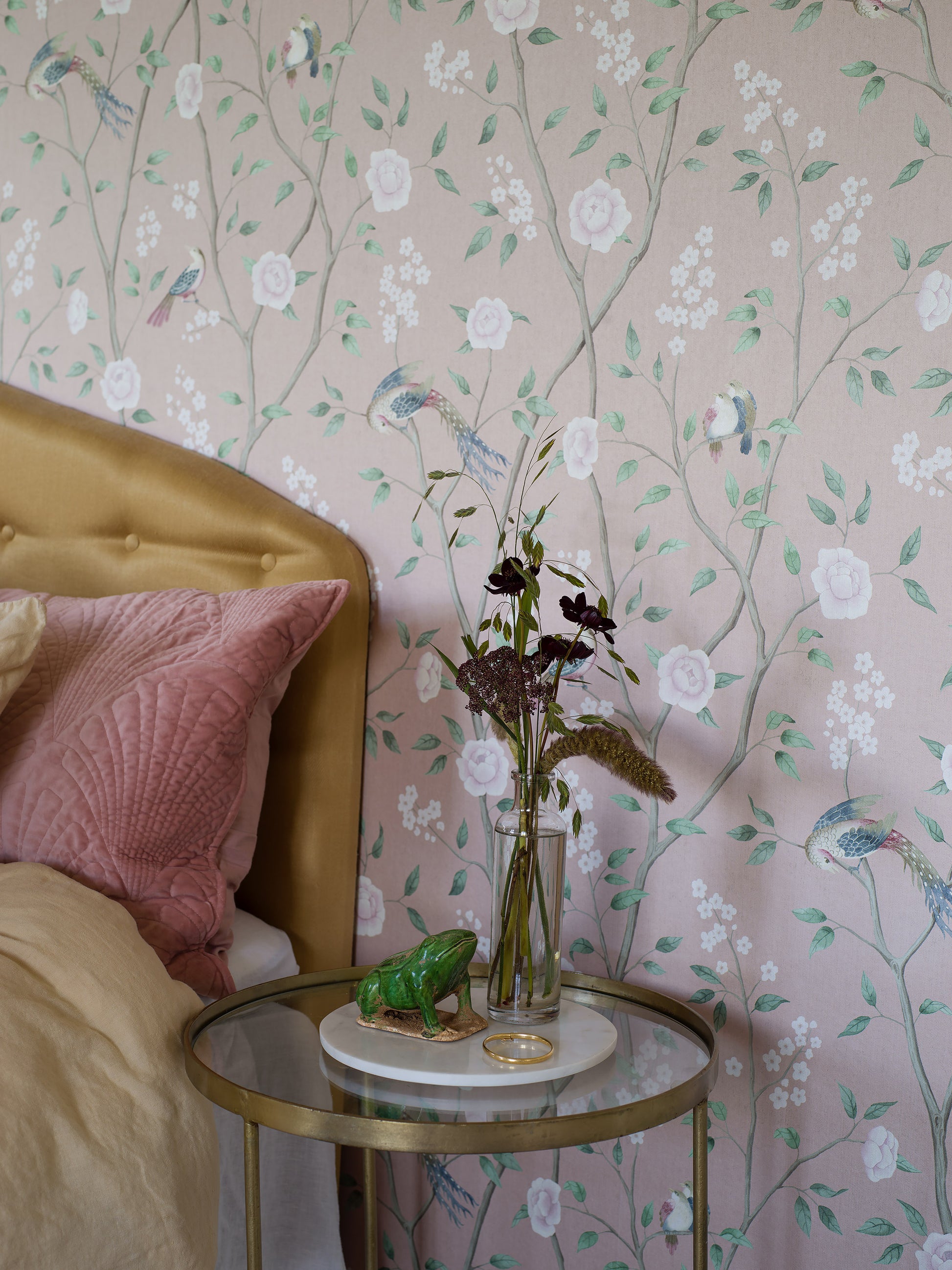 Beautiful Chinoiserie Wallpaper in Pink called Paradise Birds, featuring pastel pink background with handpainted birds and gentle blooming flowers