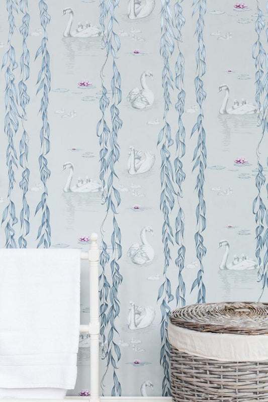 Serpentine Swans - Blue - Wallpaper Trader