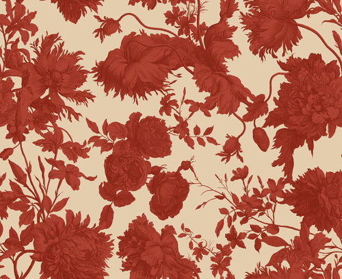 Flat swatch of Rose e Fiore wallpaper by Wallpaper Trader showing bold red roses and peonies in a toile design on cream